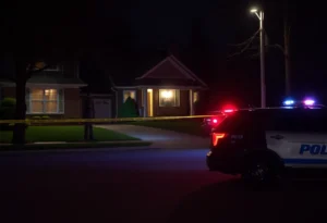 Police investigating a crime scene outside a suburban home in Rock Hill at night.