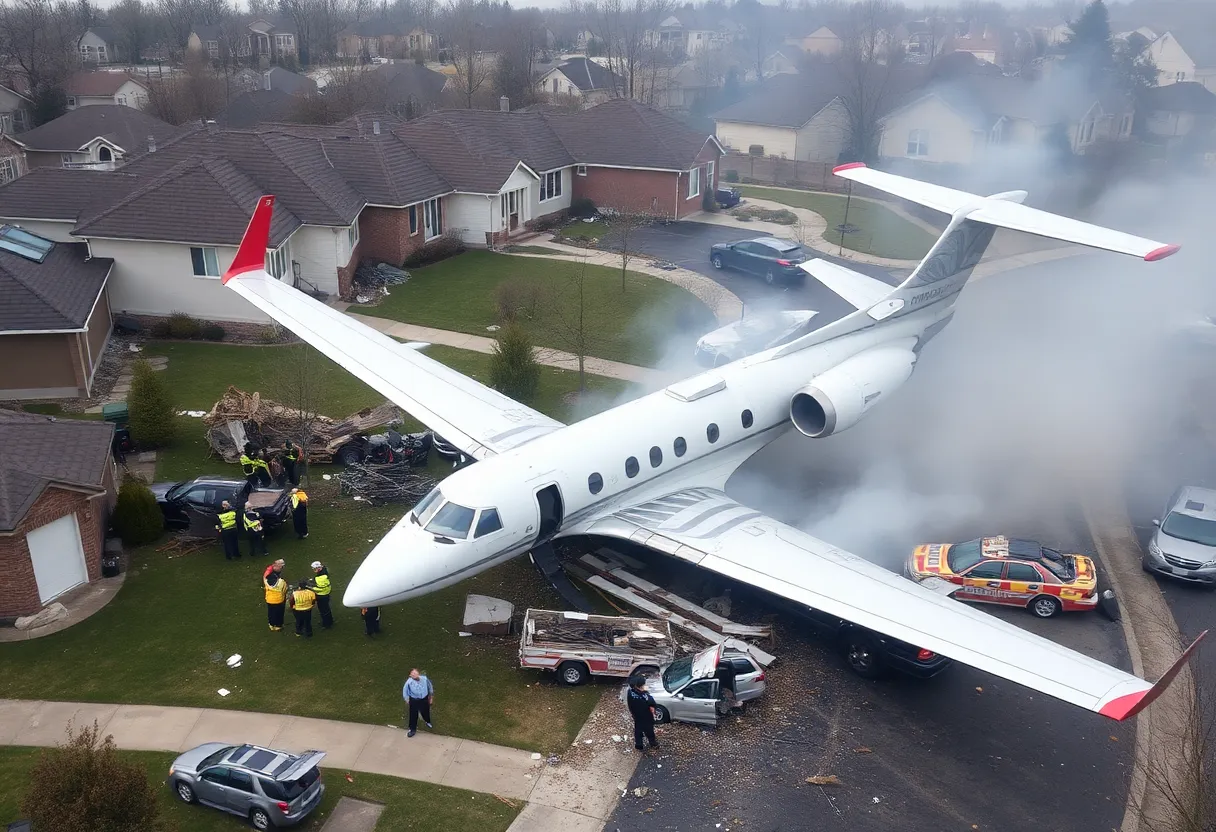 Scene of a private jet crash in a San Diego neighborhood with emergency responders working amidst the debris.