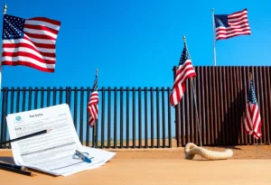 Representation of tax cuts and border security with tax documents and a border wall.