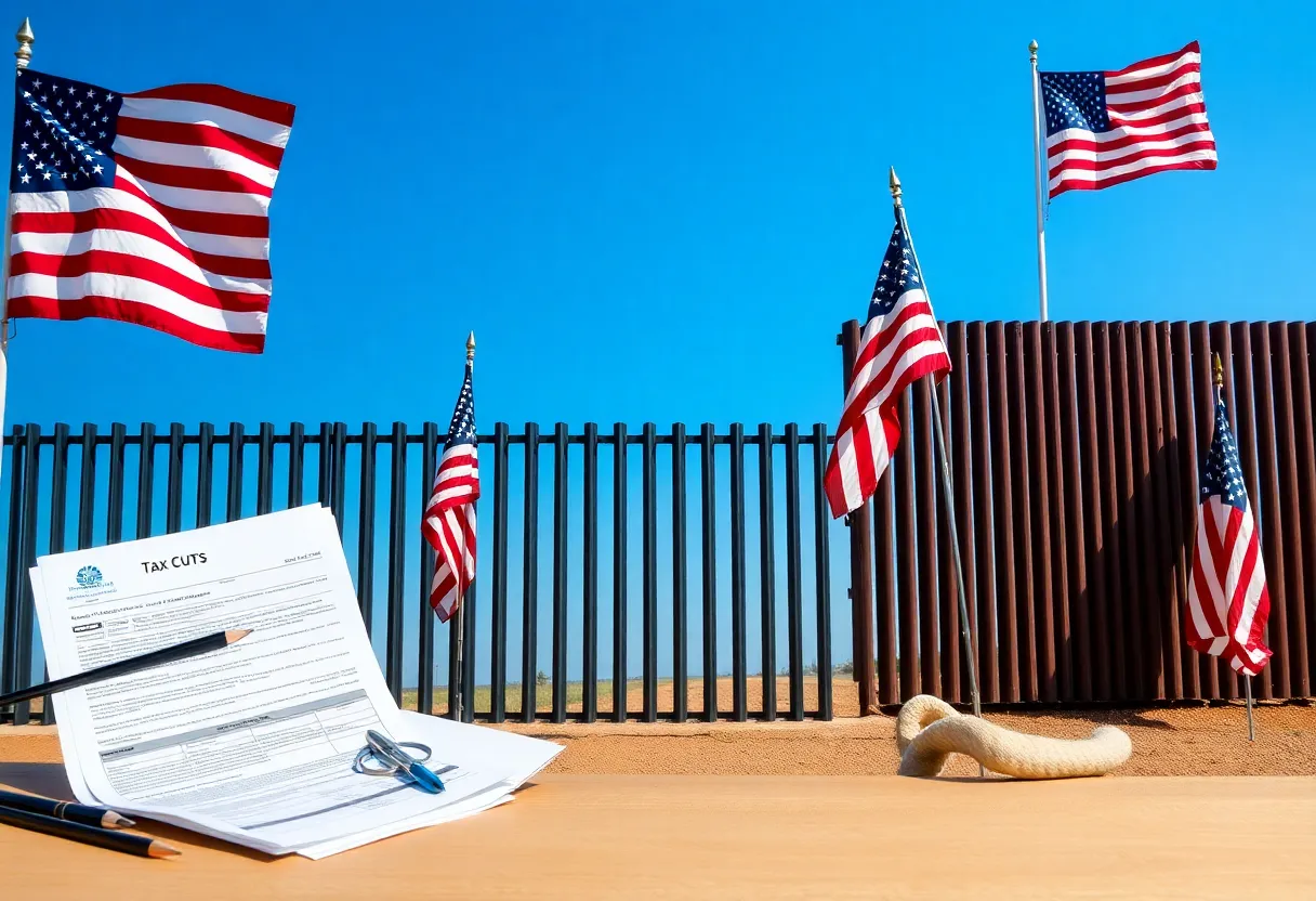 Representation of tax cuts and border security with tax documents and a border wall.