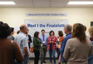 Community members gathering at the Rock Hill School District office to meet superintendent finalists.