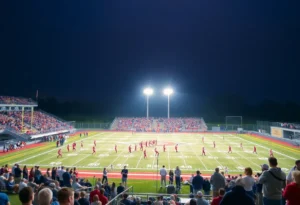 Rock Hill football field with players and fans