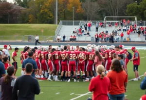 High school football team huddle with fans supporting