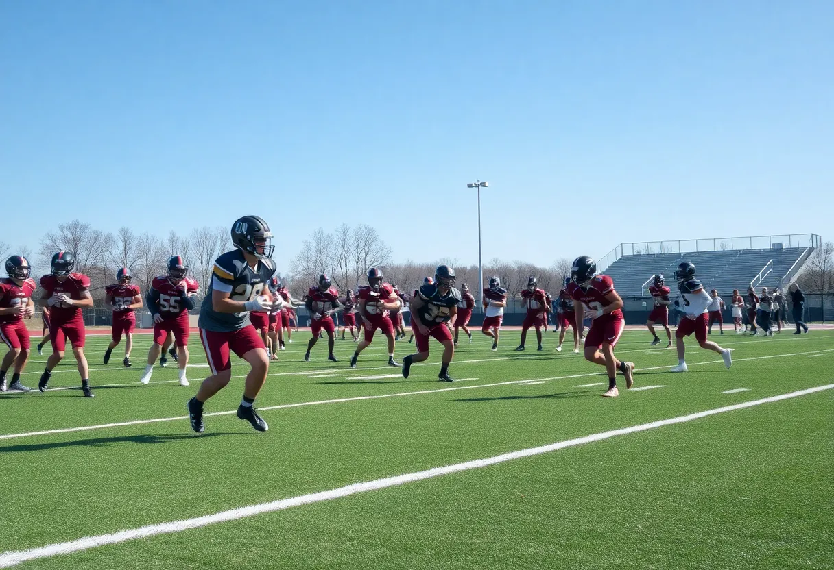 Football players practicing on the field at Rock Hill High School