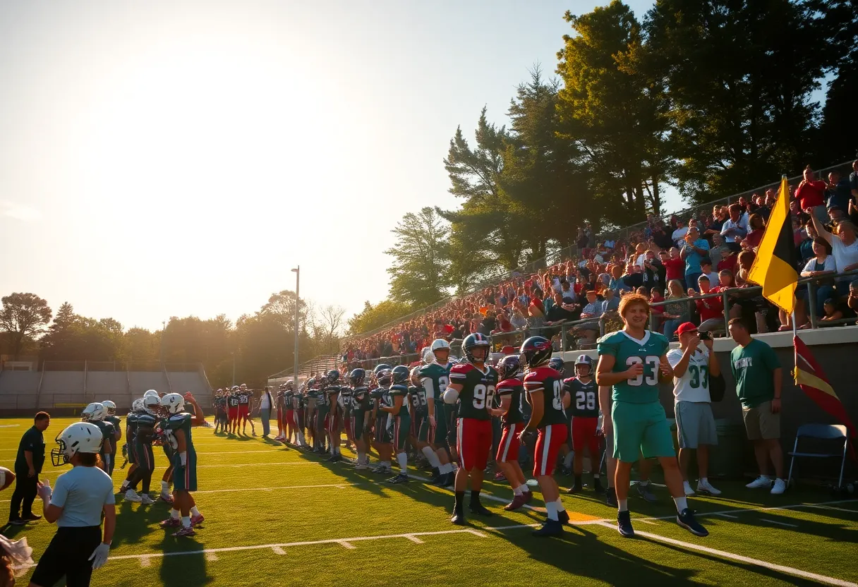 Rock Hill football team practicing on a sunny day with fans cheering.