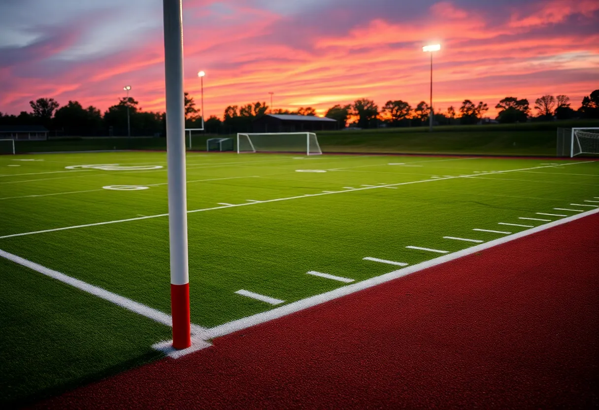 An aerial view of Rock Hill High School football field during sunset.