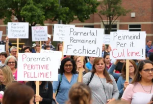 Parents and teachers protesting outside a school in Rock Hill