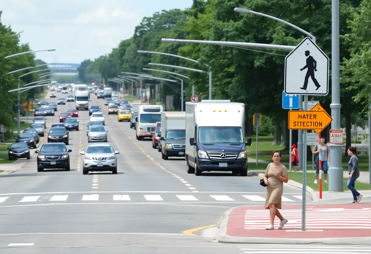 Busy roadway in Rock Hill with pedestrians and vehicles