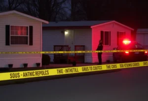 Police investigation scene with caution tape at a mobile home.