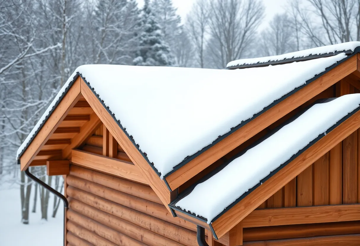 A robust roof design showing safety provisions for handling snow loads during winter.