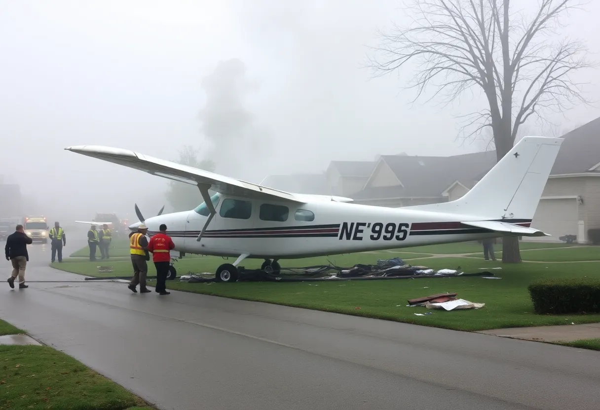 Scene of a Cessna plane crash in a foggy residential area