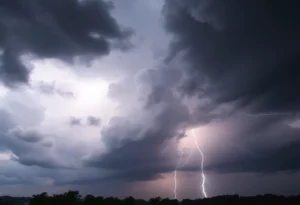 Thunderstorm clouds over Chesterfield County with lightning