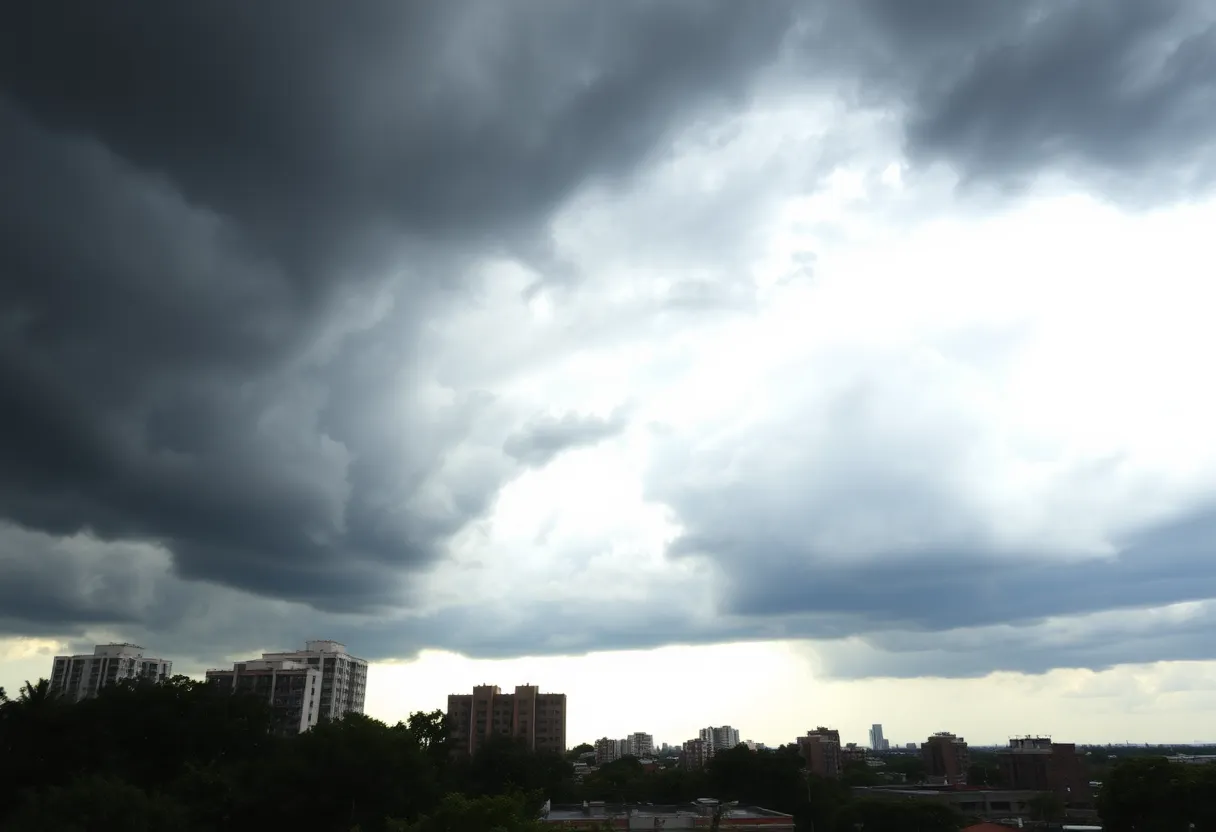 Dark storm clouds gathering over Columbia city skyline