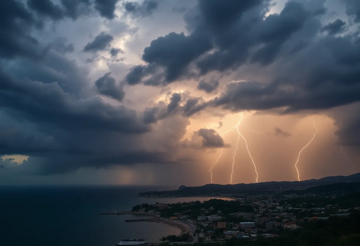 Dramatic storm clouds and lightning over a coastal town