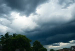 A dark stormy sky over Mecklenburg County with rain and wind