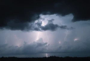 Dark storm clouds with lightning in the sky over South Carolina