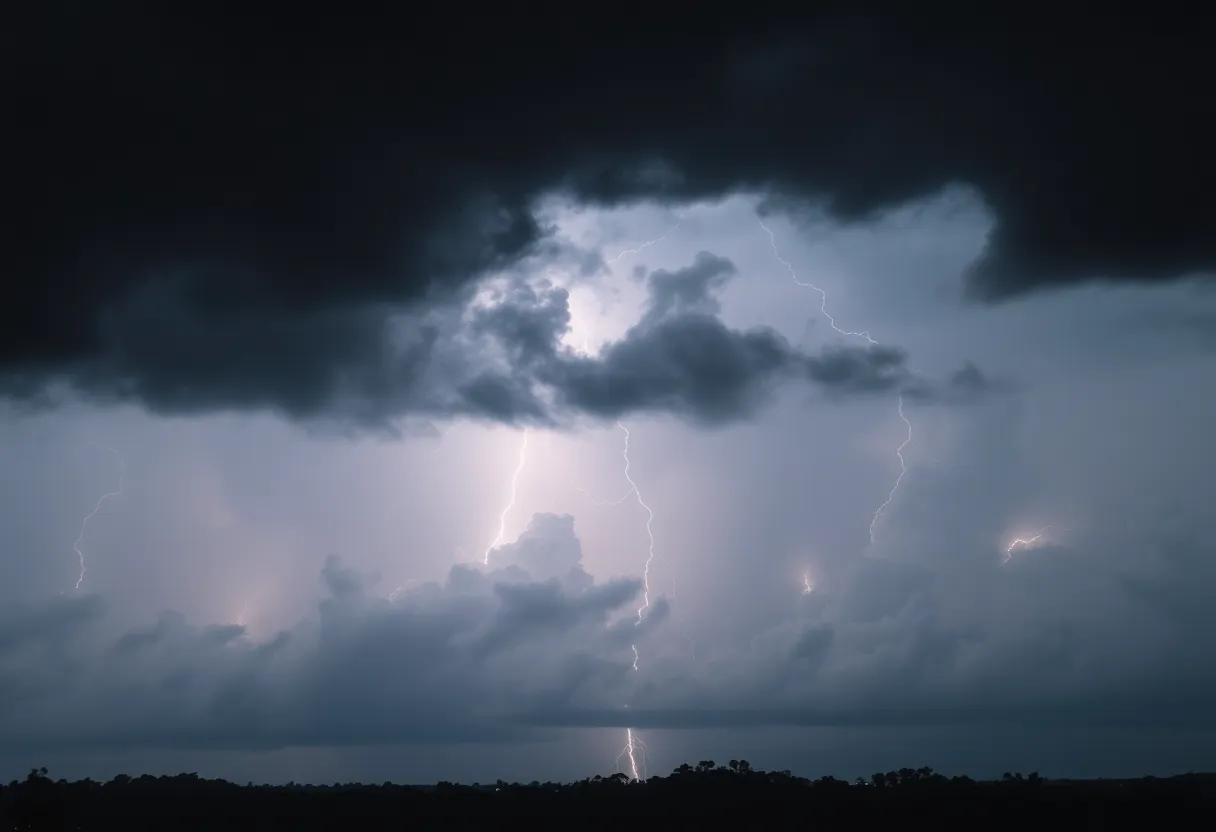 Dark storm clouds with lightning in the sky over South Carolina