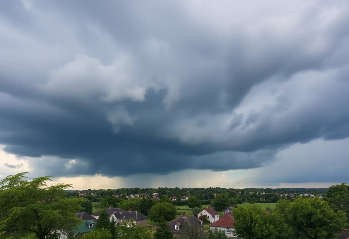 Dramatic thunderstorm clouds over a small town