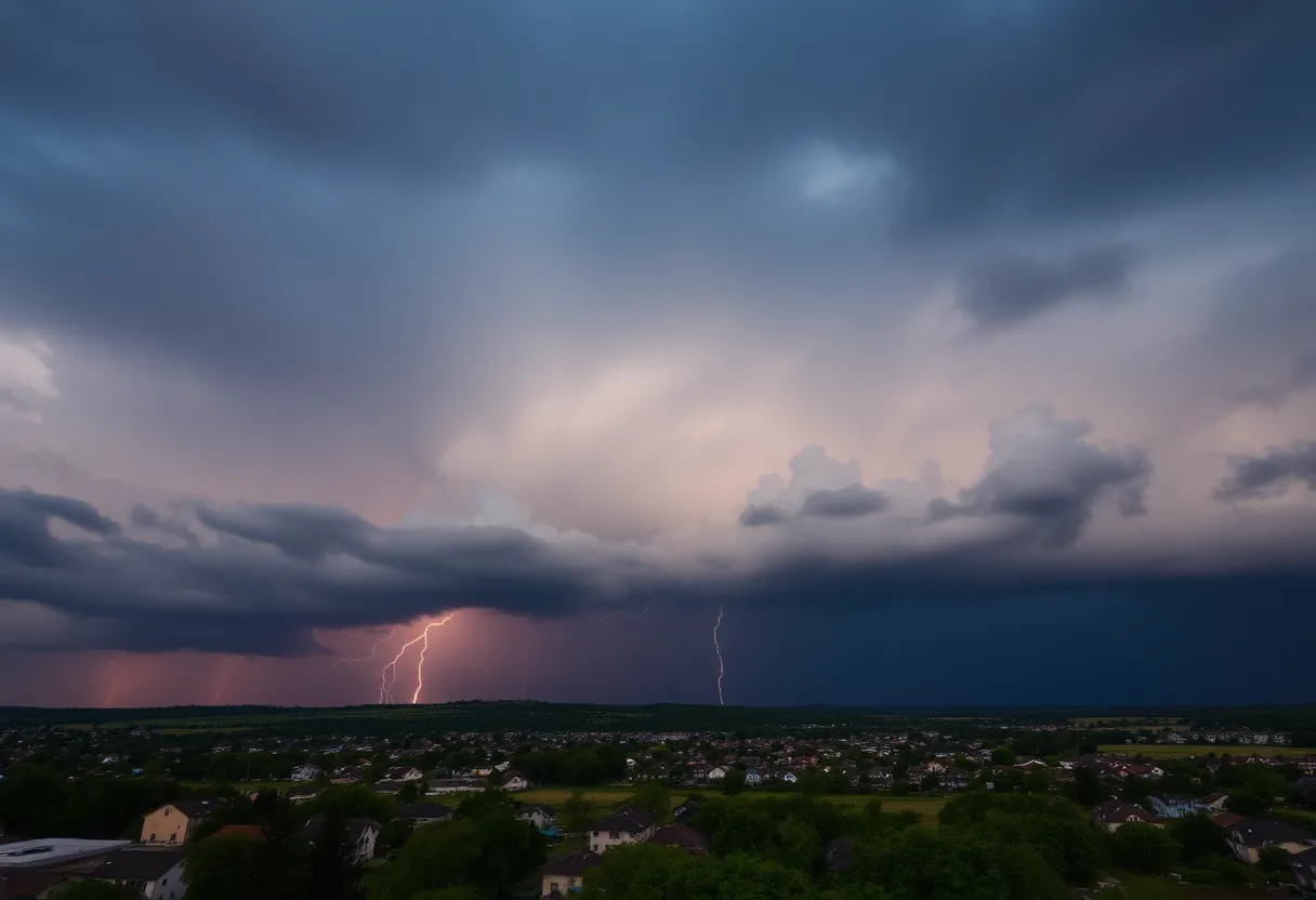 Dark stormy clouds with lightning above a small town.