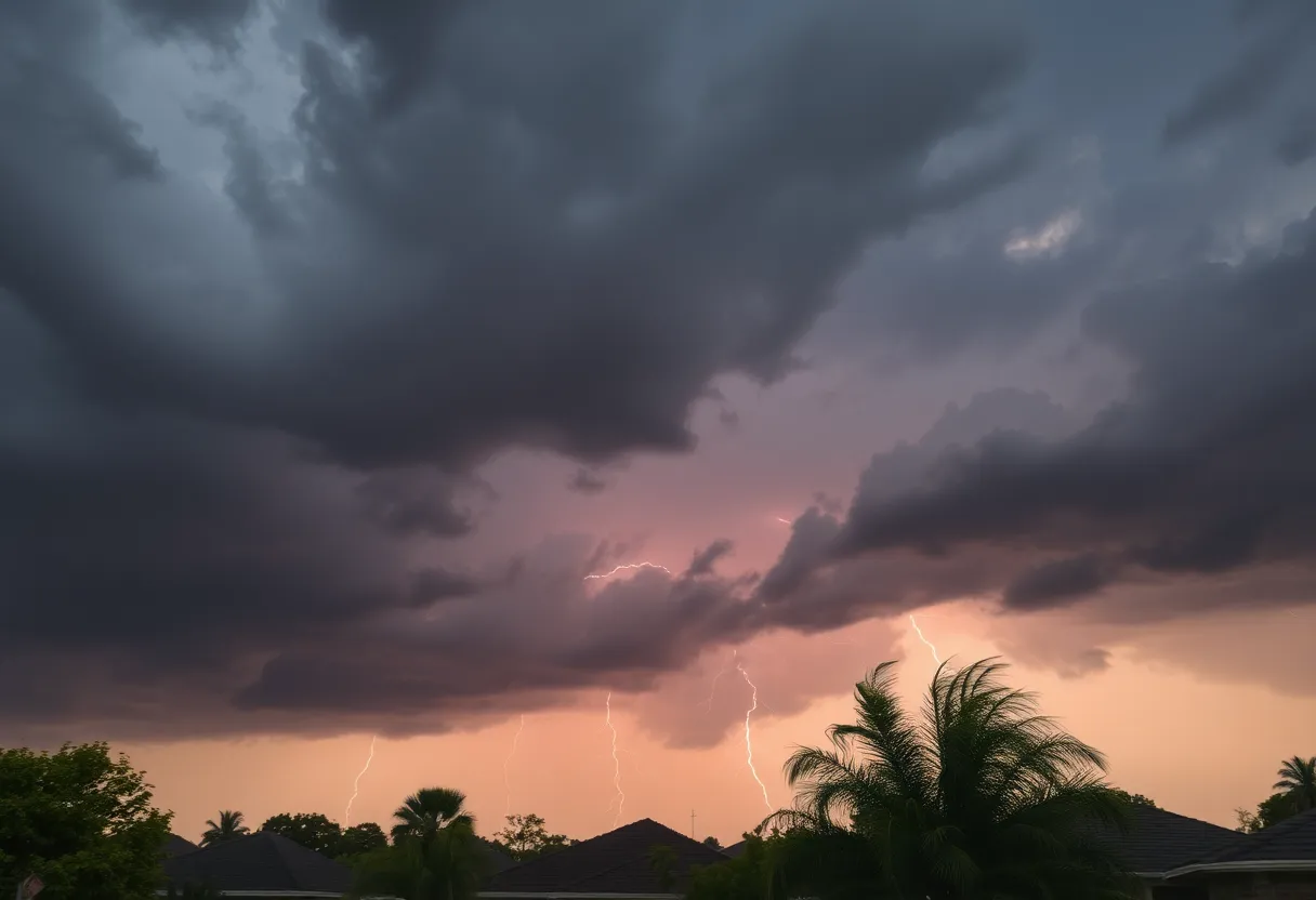 Dark storm clouds indicating severe weather approaching a residential area