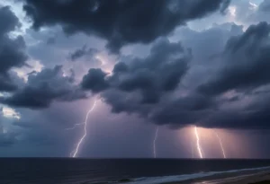 Thunderstorms approaching Charleston with dark clouds and lightning.