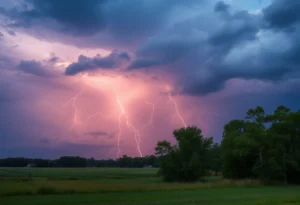 Dark storm clouds over a South Carolina landscape