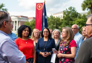 South Carolinians discussing political opinions with state flag in background