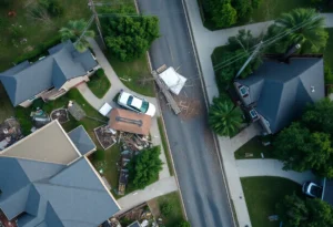 Destruction in St. Louis after a tornado, with damaged buildings and scattered debris.
