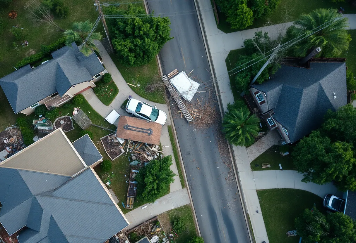 Destruction in St. Louis after a tornado, with damaged buildings and scattered debris.