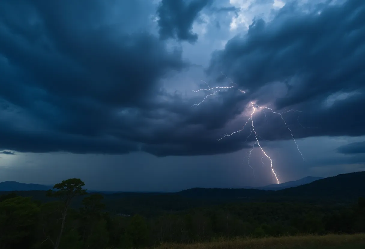 Dark storm clouds and lightning over a mountainous landscape