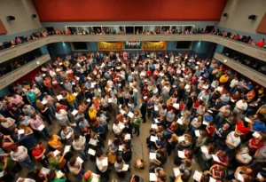 A vibrant scene from the Scripps National Spelling Bee with young spellers and an audience in anticipation.