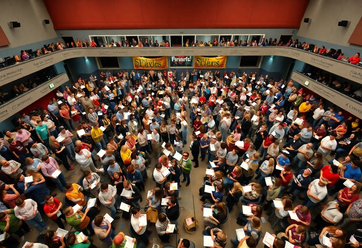 A vibrant scene from the Scripps National Spelling Bee with young spellers and an audience in anticipation.