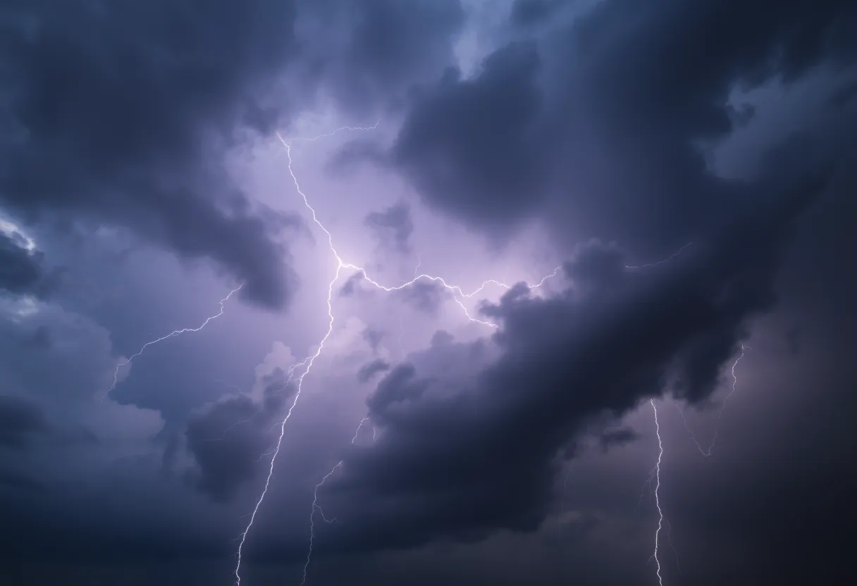 Dark thunderstorm clouds with lightning in the sky