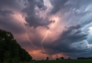 A dramatic depiction of a thunderstorm with lightning over trees.