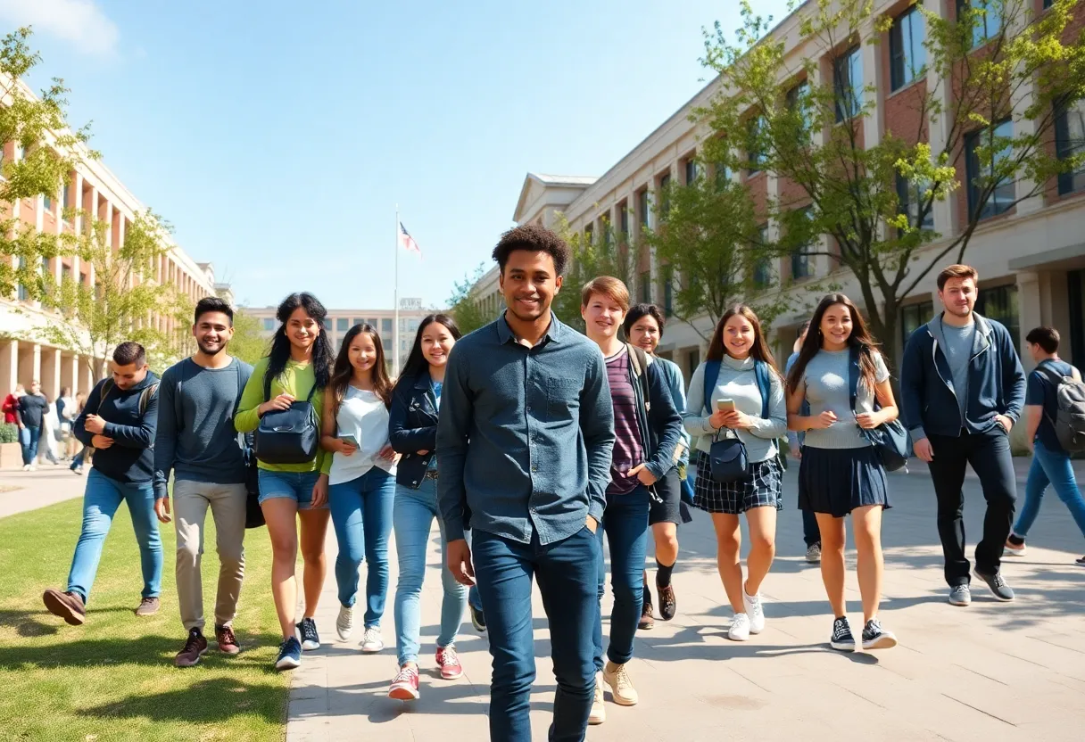 Students of diverse backgrounds walking together on a university campus