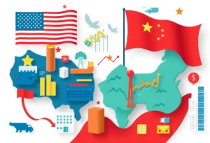 Symbolic representation of U.S.-China trade relations with graphics signifying economic growth and trade dynamics.
