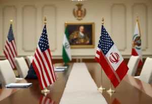 Meeting room with US and Iran flags symbolizing nuclear talks