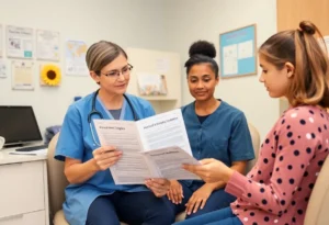 Healthcare professional discussing vaccine guidelines with a family