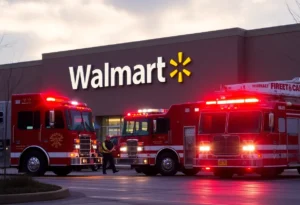 Fire trucks responding to a fire at a Walmart store