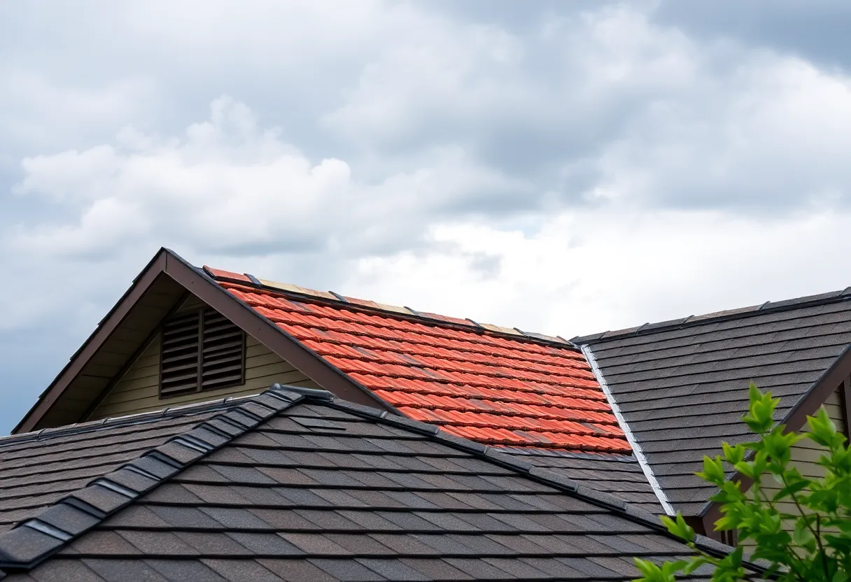 Illustration of a wind resistant roof design including metal, tile, and asphalt shingles.