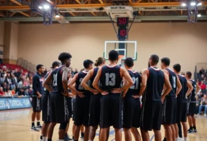 Winthrop Eagles basketball team huddled during a game