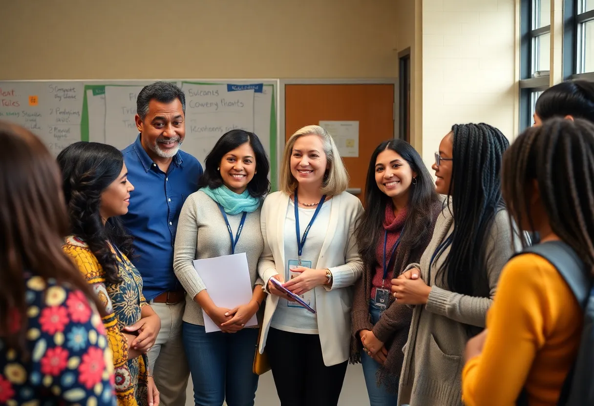 Educators engaging with community members during a meet and greet event.