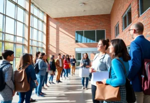 Students and teachers interacting outside a school building