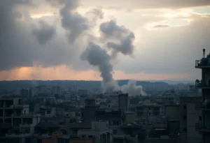 Destruction in an urban area after military airstrikes.