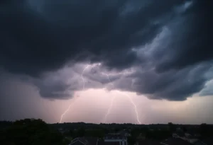 Dark storm clouds with lightning over Anderson, South Carolina
