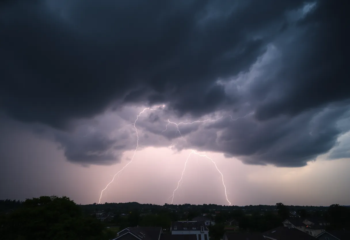 Dark storm clouds with lightning over Anderson, South Carolina