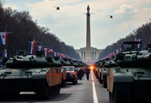 Aerial view of Army parade featuring tanks and soldiers in Washington D.C.