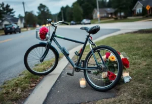Memorial scene for a bicyclist accident with flowers and candles