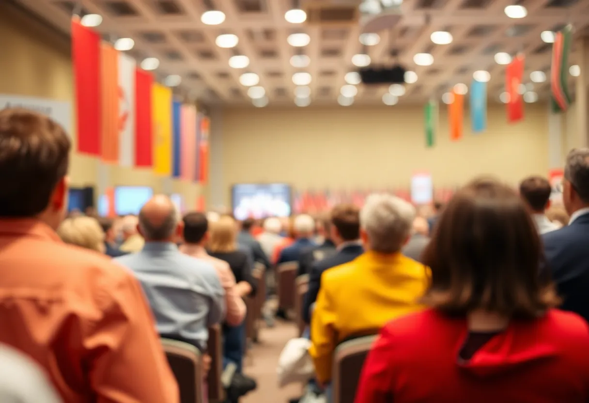 Atmosphere of the California Democratic Convention with engaged delegates.