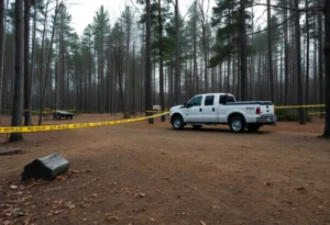 Somber campsite with abandoned truck and police tape